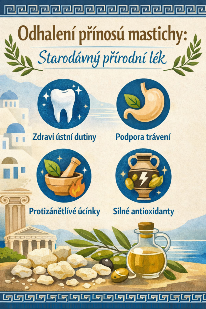 Infografika s řeckým designem s názvem ‘Odhalení přínosů mastichy: Starodávný přírodní lék’ a piktogramy znázorňující zdraví ústní dutiny, podporu trávení, protizánětlivé účinky a silné antioxidanty, doplněná olivovými větvičkami a typickými řeckými motivy.