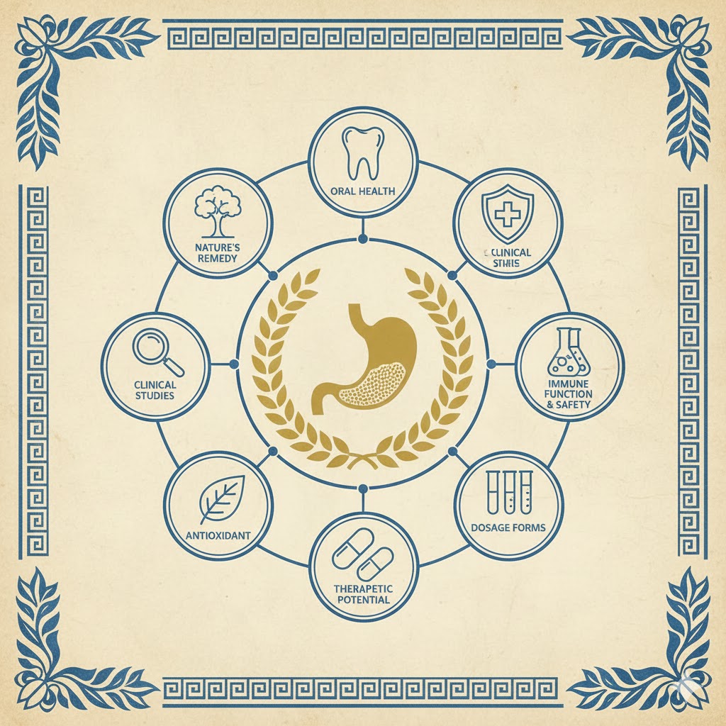 Infografika: Hlavní zdravotní přínosy Chioské mastichy v řeckém stylu