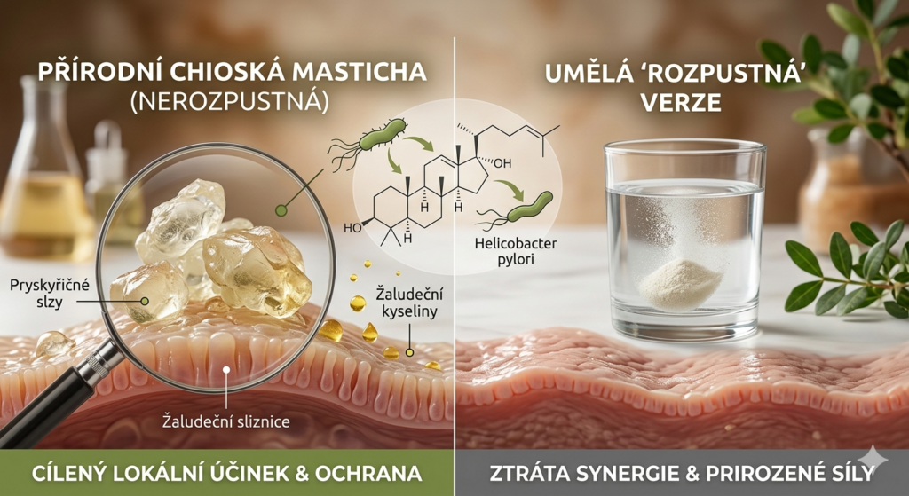 Navrhovaný kratší alternativní text (alt text) pro tento obrázek v češtině je:
Infografika srovnávající účinnou přírodní nerozpustnou mastichu pro ochranu žaludku (vlevo) s umělou rozpustnou verzí bez přirozené síly (vpravo).